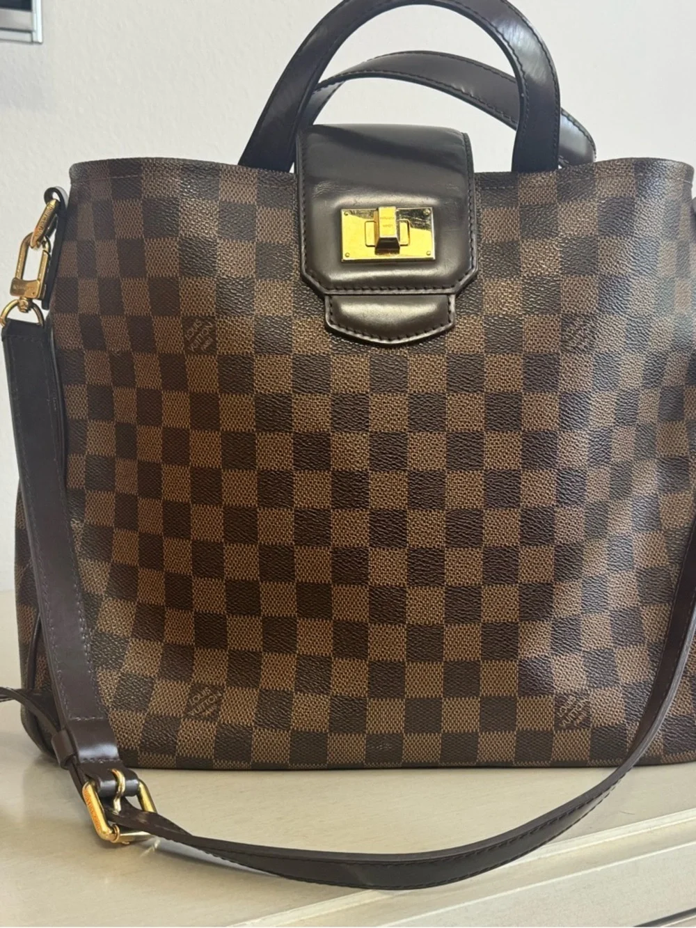 Louis Vuitton Damier Ebene Checkerboard Brown Top Handle Bag with Gold Hardware - Picture 3 of 4